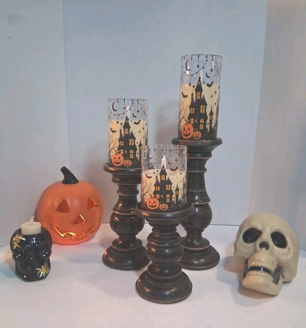 NIB! 6pc Halloween Candle Set LED Flameless Pillars w/sleeves+ Wood Candlesticks